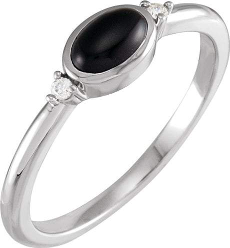 14K White 6x4 mm Round Natural Black Onyx & .03 CTW Natural Diamond Ring