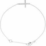 Sterling Silver Imitation Cubic Zirconia Sideways Cross 7-8" Bracelet