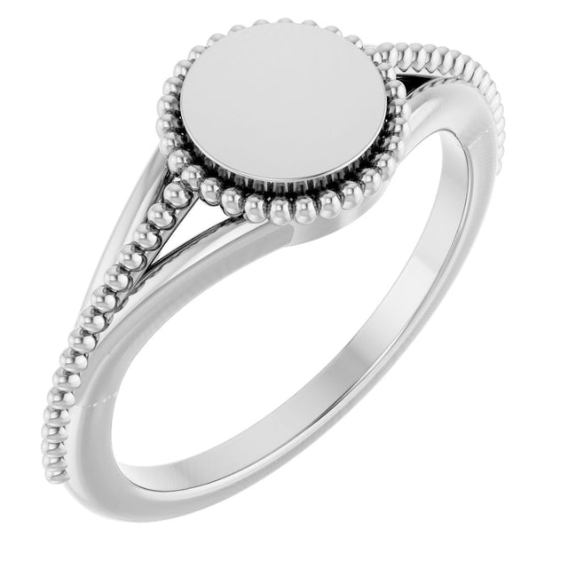 14K White 8.7 mm Engravable Beaded Signet Ring