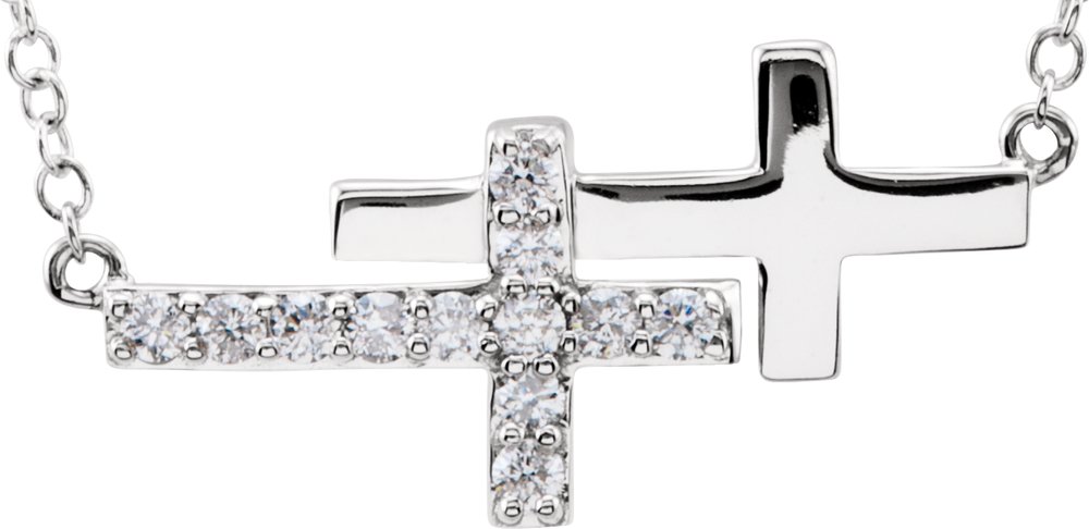 14K White 1/5 CTW Natural Diamond Double Sideways Cross 16-18" Necklace