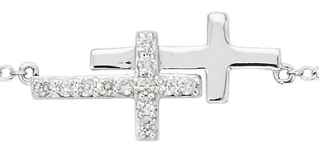 Sterling Silver Imitation Cubic Zirconia Double Sideways Cross 16-18" Necklace