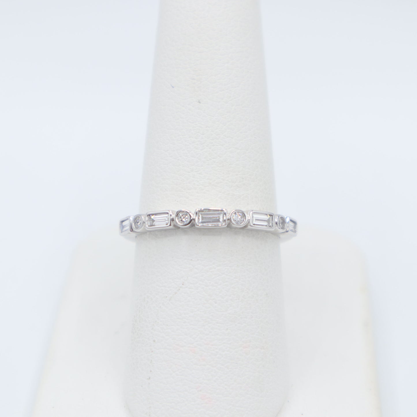 Baguette and Round Diamond Band in White Gold