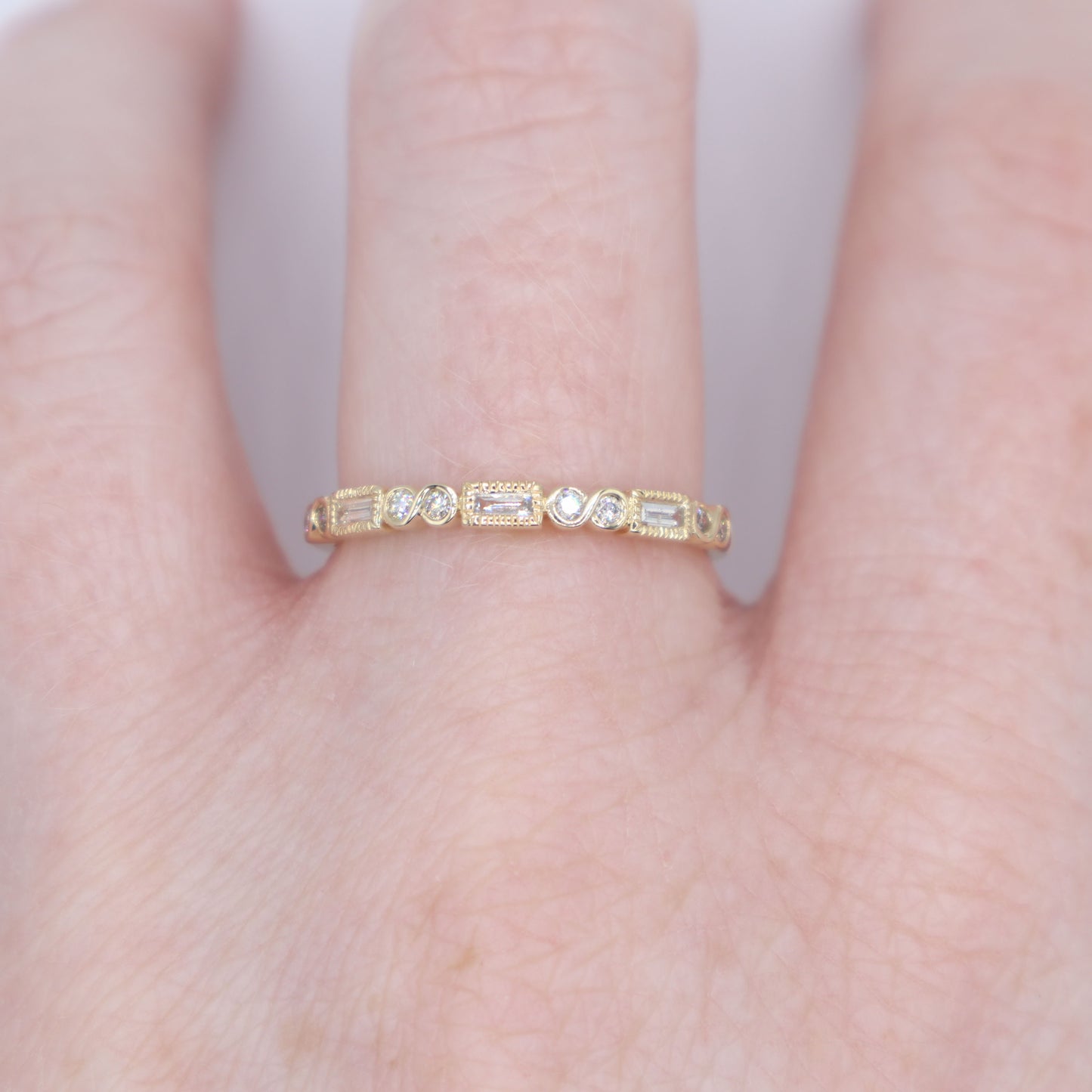 Baguette and Round Diamond Detailed Gold Band