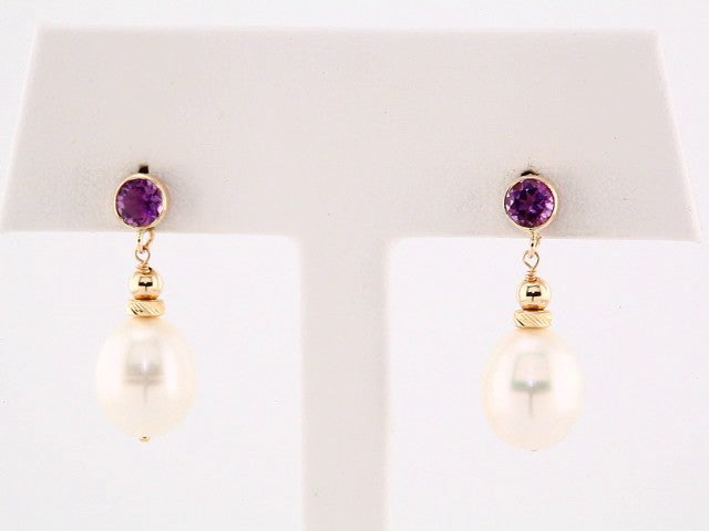 14K Yellow Gold Cultured White Freshwater Pearl & Natural Amethyst Earrings