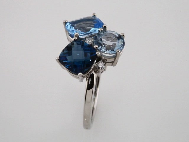 14K White Natural Swiss Blue, Natural London Blue, & Natural Sky Blue Topaz & .05 CTW Natural Diamond Ring