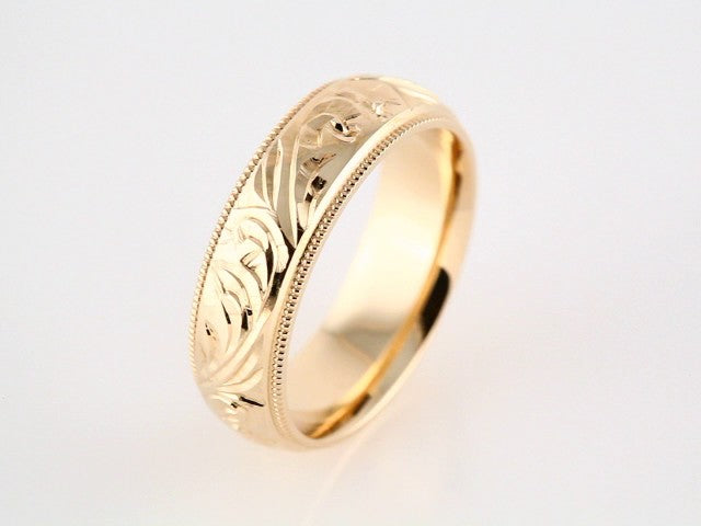 14K Yellow Gold 6 mm Hand-Engraved Milgrain Stepped-Edge Sculptural Comfort-Fit Half Round Band Size 5