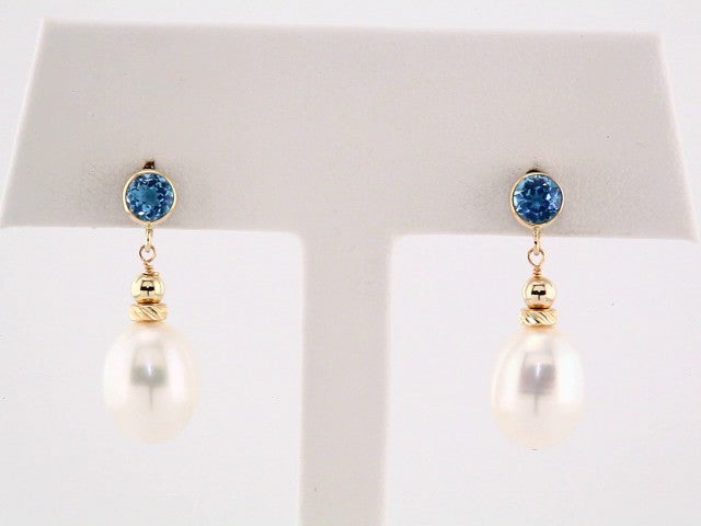 14K Yellow Gold Cultured White Freshwater Pearl & Natural Swiss Blue Topaz Earrings