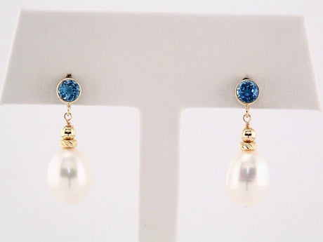 14K Yellow Gold Cultured White Freshwater Pearl & Natural Swiss Blue Topaz Earrings