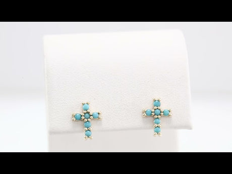 14K Yellow Natural Turquoise Cross Earrings