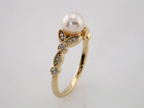 14K Yellow Cultured White Freshwater Pearl & 1/10 CTW Natural Diamond Leaf Ring