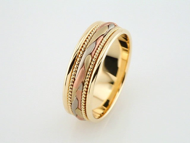 14K Yellow/White/Rose Gold 7 mm Rope Edge Hand-Woven Comfort-Fit Flat Band Size 12