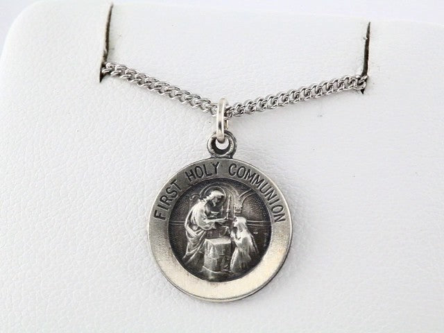 Sterling Silver 18 mm First Communion Medal 18" Necklace