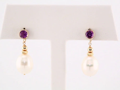 14K Yellow Gold Cultured White Freshwater Pearl & Natural Amethyst Earrings