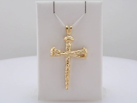 14K Yellow Gold Nail Design Cross Pendant