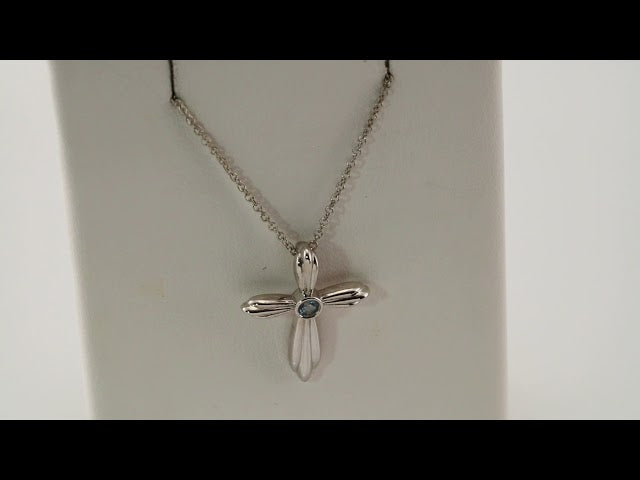 14K White Gold Natural Aquamarine Cross 16-18" Necklace