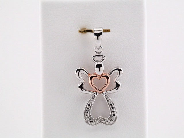 Sterling Silver &  14K Rose Gold Vermeil .006 CTW Natural Diamond Angel Pendant 