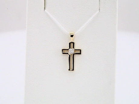 14K Yellow/White .025 CT Natural Diamond Cross Pendant