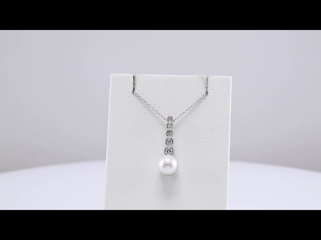 14K White Gold Cultured White Akoya Pearl & 1/8 CTW Natural Diamond Bar 16-18" Necklace