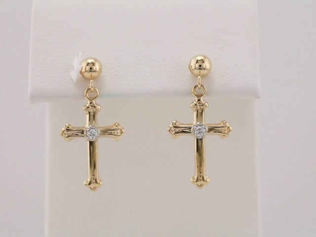 14K Yellow/White .04 CTW Natural Diamond Cross & Ball Earrings