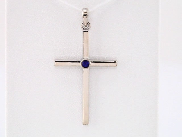 14K White Gold Natural Blue Sapphire Cross Pendant