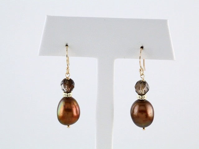 14K Yellow Gold Cultured Chocolate Freshwater Pearl & Natural Smoky Quartz Earrings