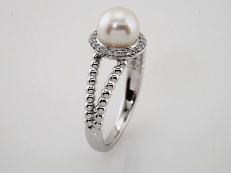 14K White Gold Cultured White Freshwater Pearl & .08 CTW Natural Diamond Halo-Style Beaded Ring