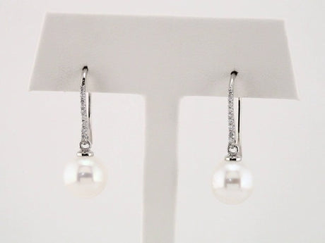 14K White Gold Cultured White Freshwater Pearl & 1/8 CTW Natural Diamond Earrings