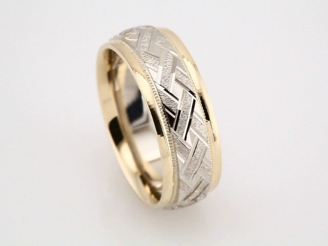 18K Yellow & Platinum 7 mm Milgrain Woven-Design Comfort-Fit Half Round Band Size 8