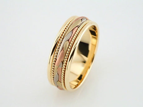 14K Yellow/White/Rose Gold 7 mm Rope Edge Hand-Woven Comfort-Fit Flat Band Size 12