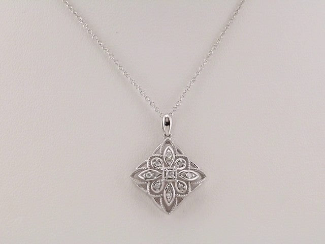14K White Gold  1/10 CTW Natural Diamond Granulated Filigree 16-18" Necklace