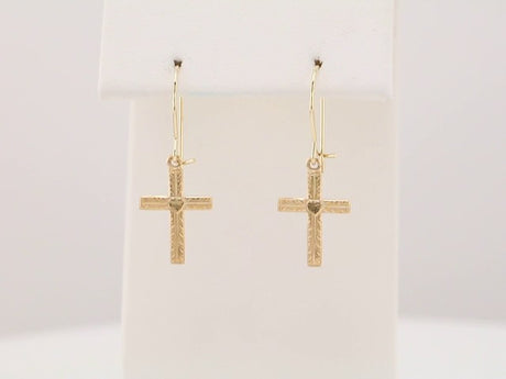 14K Yellow Gold Heart & Cross Earrings