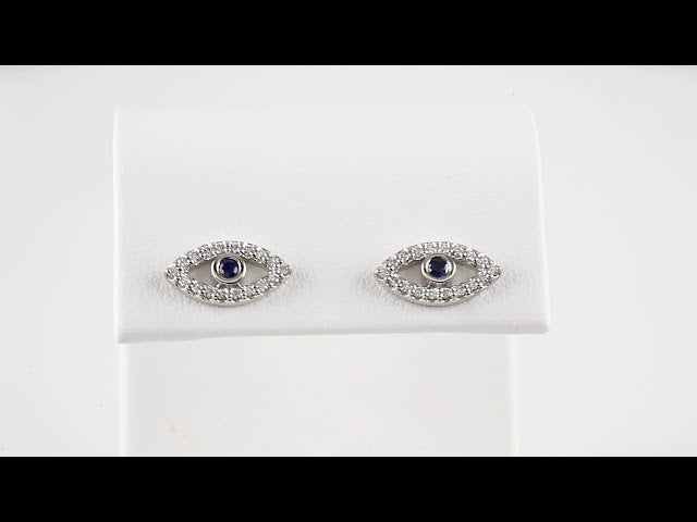 14K White Natural Blue Sapphire & 1/8 CTW Natural Diamond Evil Eye Earrings