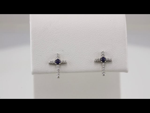 14K White Natural Blue Sapphire & .05 CTW Natural Diamond Cross Earrings