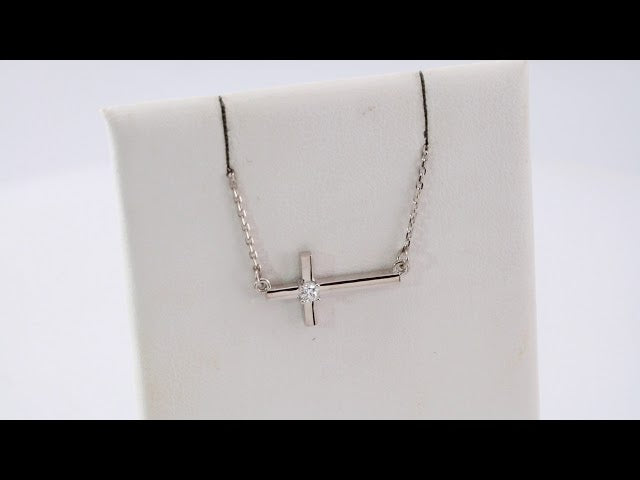 14K White 1/10 CTW Natural Diamond Sideways Cross 16-18" Necklace