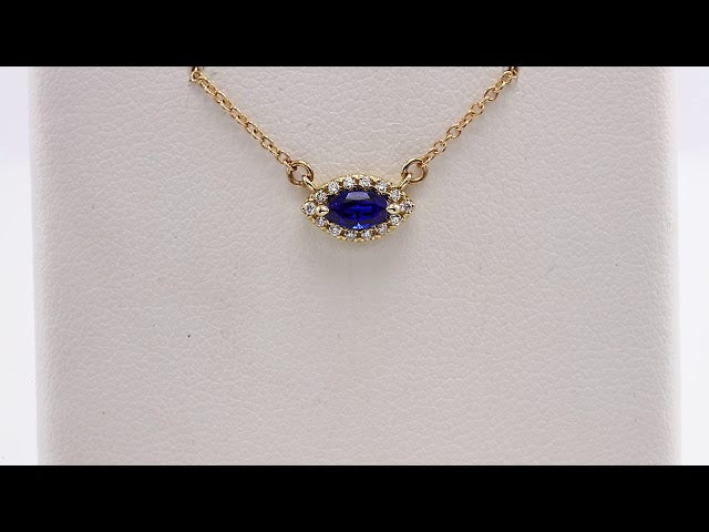 14K Yellow Lab-Grown Blue Sapphire & .05 CTW Natural Diamond Halo-Style 18" Necklace