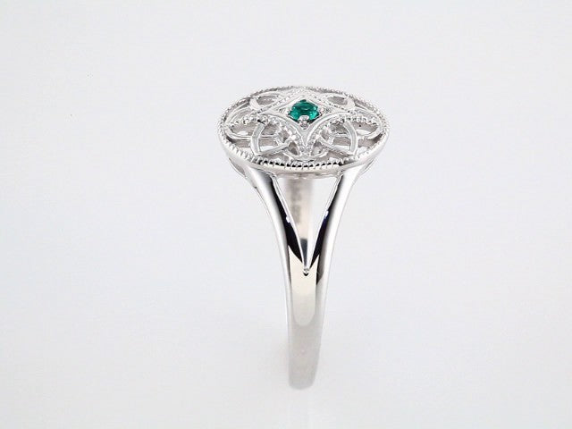 Sterling Silver Natural Emerald Granulated Filigree Ring