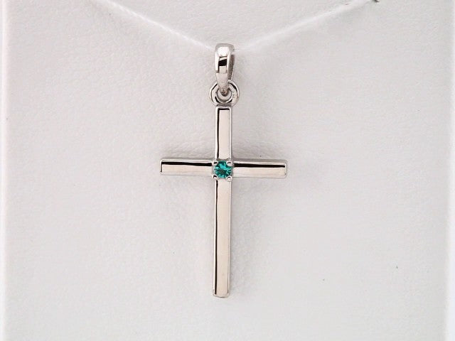 14K White Gold Natural Emerald Cross Pendant