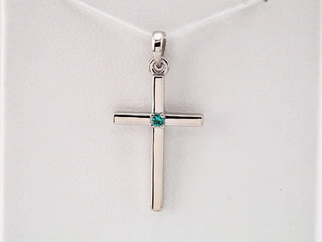 14K White Gold Natural Emerald Cross Pendant