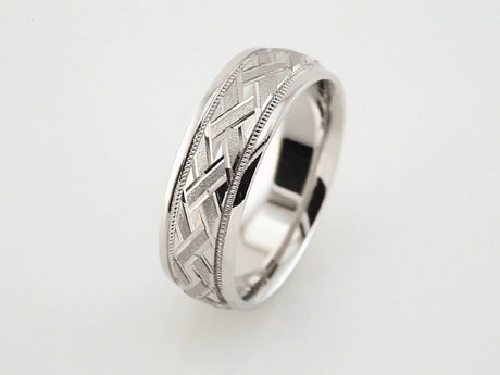 14K White Gold 7 mm Milgrain Woven-Design Comfort-Fit Half Round Band Size 8