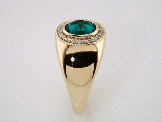 14K Yellow Lab-Grown Emerald & 1/8 CTW Natural Diamond Halo-Style Ring