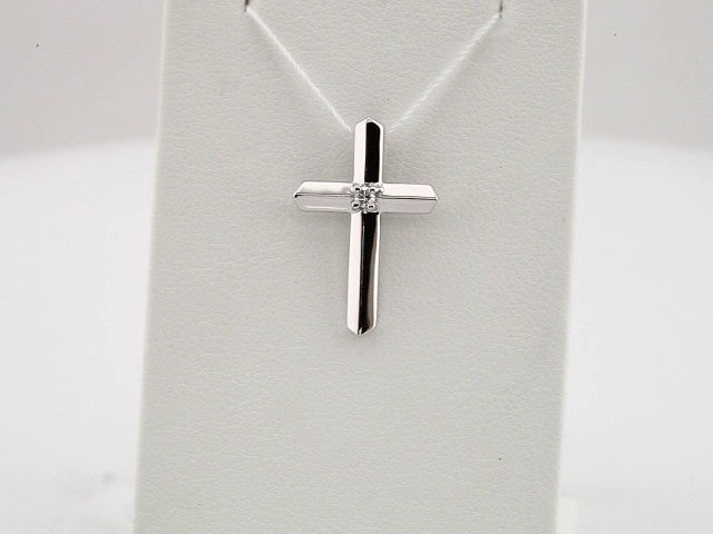 14K White Gold .03 CT Natural Diamond Cross Pendant 