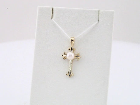 14K Yellow Gold Cultured White Freshwater Pearl Cross Pendant