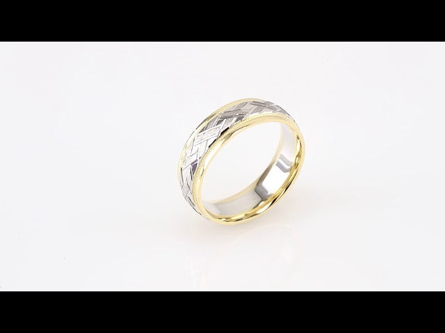 14K Yellow/White/Yellow Gold 7 mm Milgrain Woven-Design Comfort-Fit Half Round Band Size 10.5