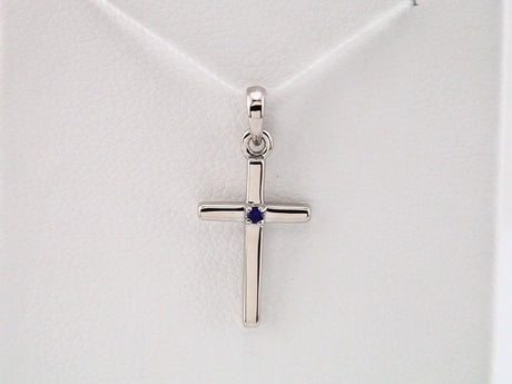 14K White Natural Blue Sapphire Cross Pendant