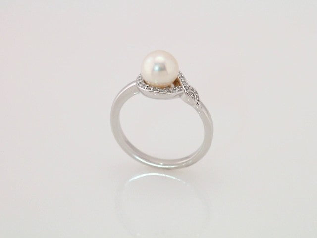 14K White Cultured White Freshwater Pearl & 1/8 CTW Natural Diamond Bypass Ring