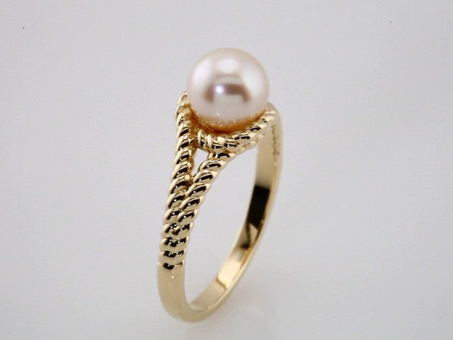 14K Yellow Cultured White Freshwater Pearl Rope Ring