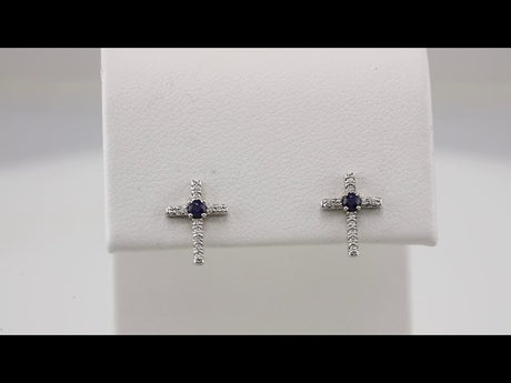 14K White Gold Natural Blue Sapphire & .05 CTW Natural Diamond Cross Earrings
