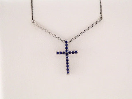 14K White Natural Blue Sapphire Petite Cross 16" Necklace