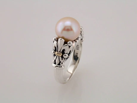 Sterling Silver & 14K Yellow Cultured White Freshwater Pearl Fleur-de-lis Ring