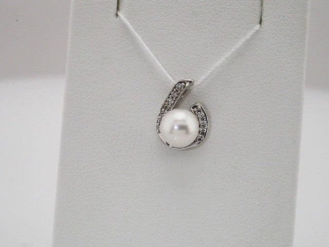 14K White Gold Cultured White Freshwater Pearl & .06 CTW Natural Diamond Pendant